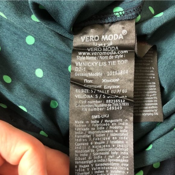 Womens Vero Moda Nicky Navy Green Polka Dot Tie front button up blouse size S - Picture 7 of 11